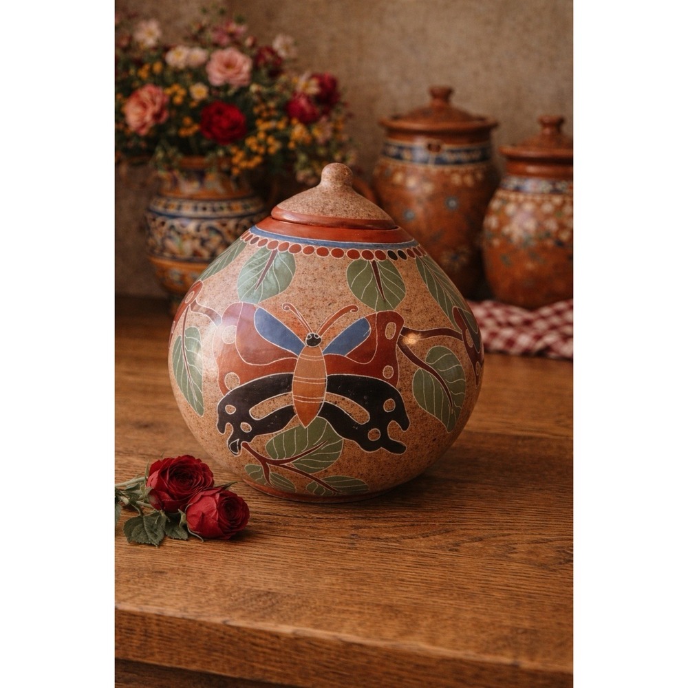 Vintage Handcrafted Mexican Pottery Jar with Lid | Butterfly Folk Art | Large